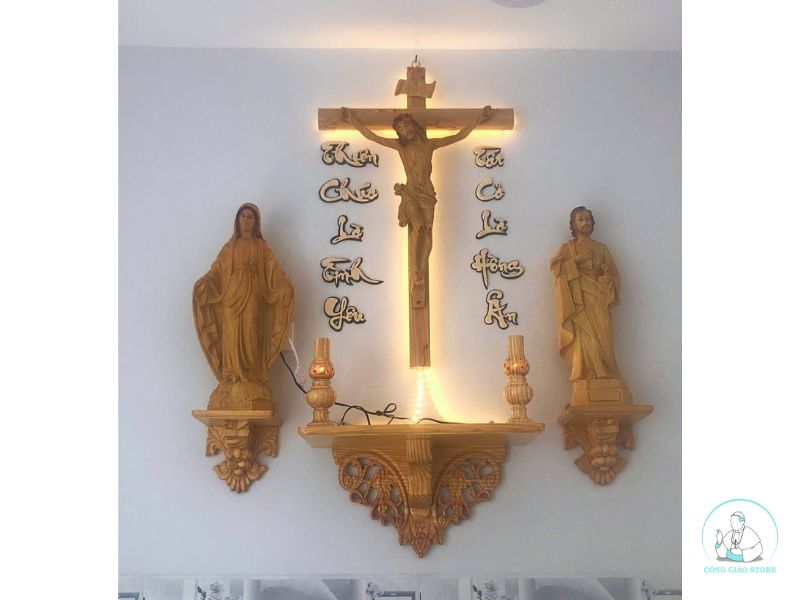 biến thể bộ ba kệ thờ Công Giáo hoa văn gỗ thông KBT11