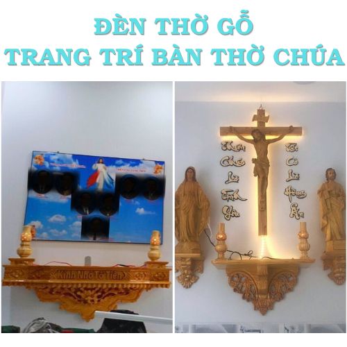 cặp đèn điện gỗ trang trí bàn thờ công giáo